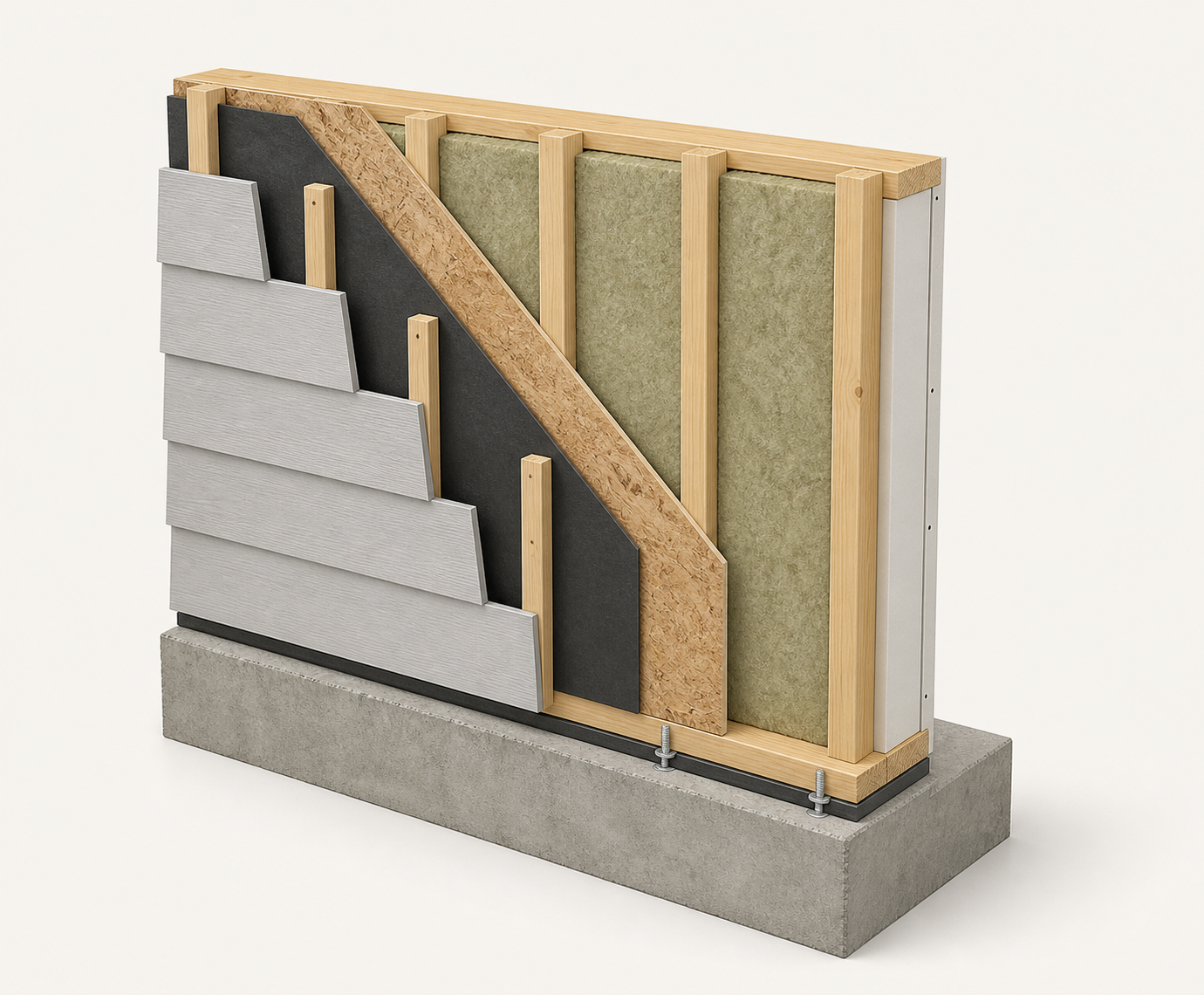 Ilustração em corte de parede externa em light wood frame